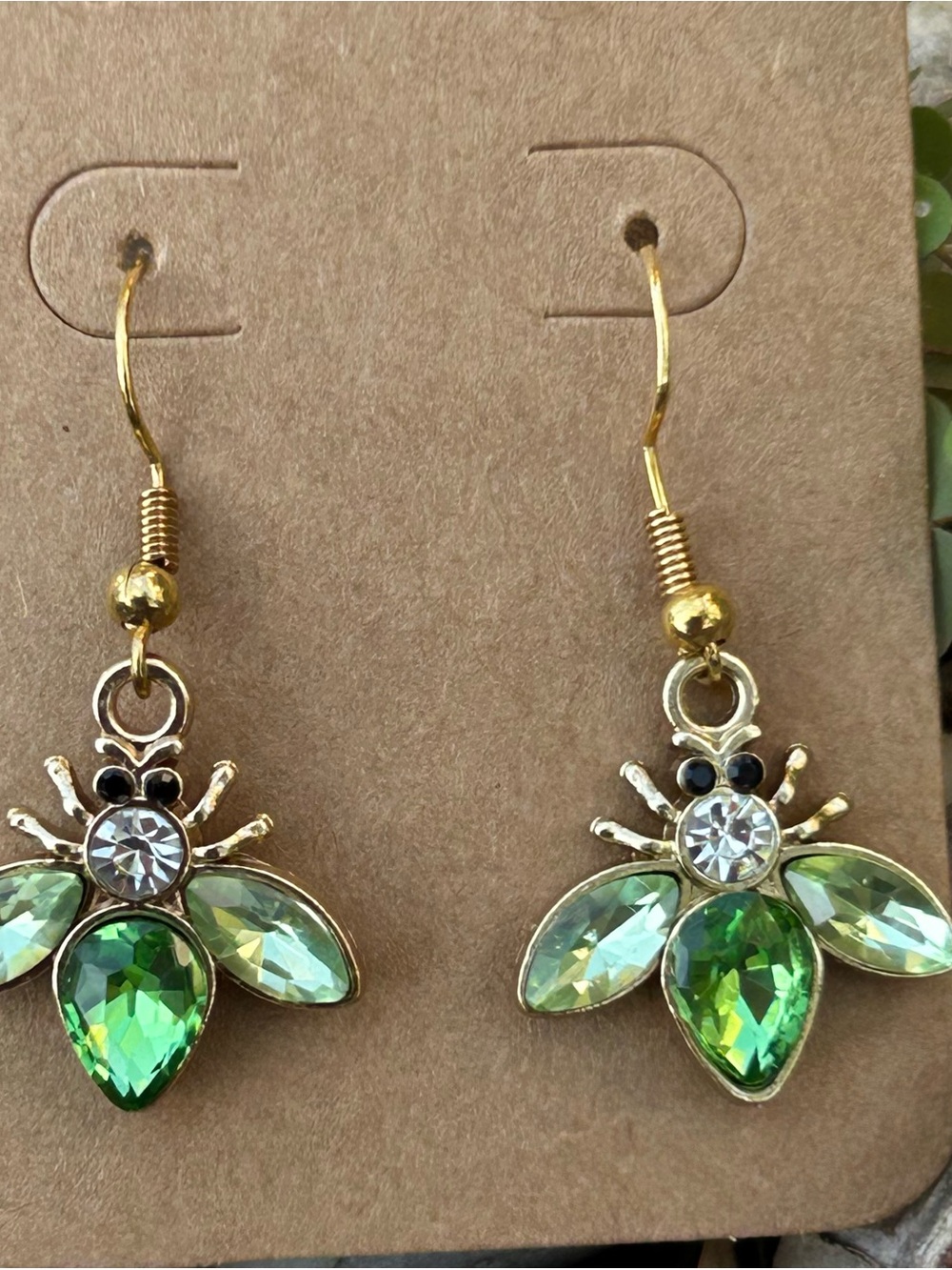 Gold Bee Drop Earrings with Peridot Green Crystals
